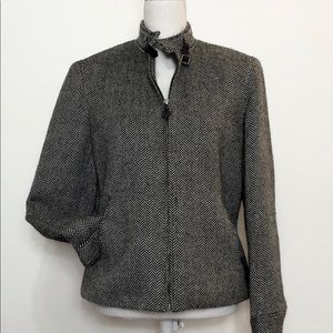 Lauren Ralph Lauren Black Wool and Alpaca Houndstooth Zip Up Jacket